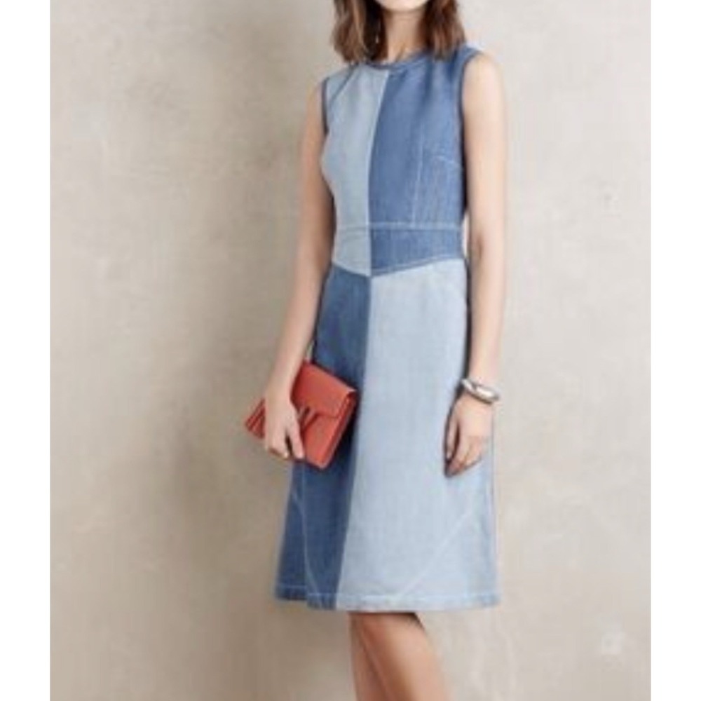 Anthropologie Holding Horses Denim Patchwork Midi Dress Womens Size 2 Sleeveless - Picture 2 of 14